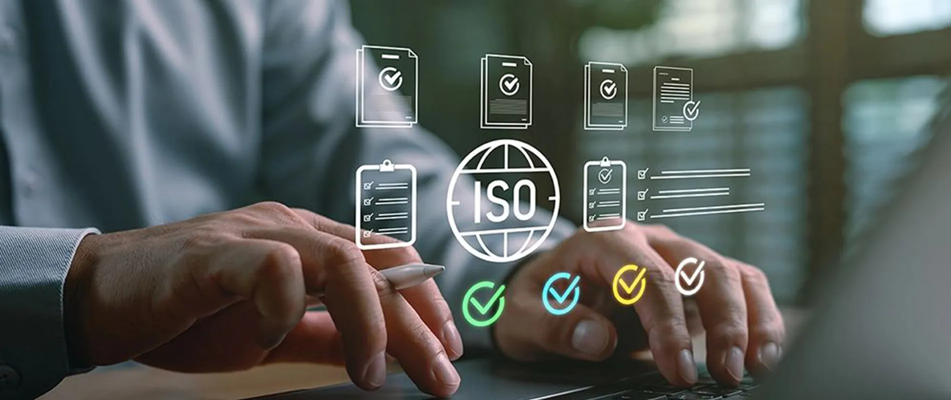 Professional reviewing ISO certification compliance documents on a laptop, with digital ISO standards, audit checklists, and quality management icons displayed on screen.