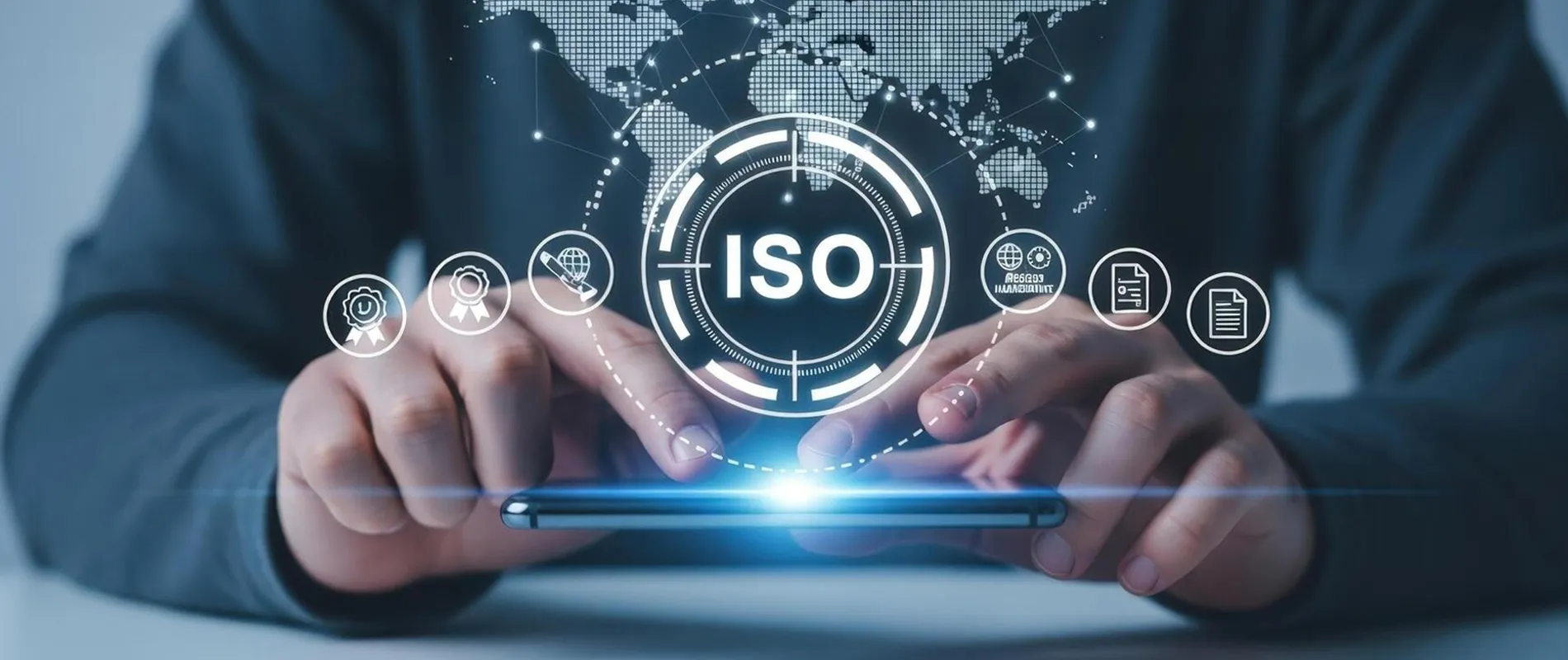 Digital ISO certification and compliance management interface on a tablet.