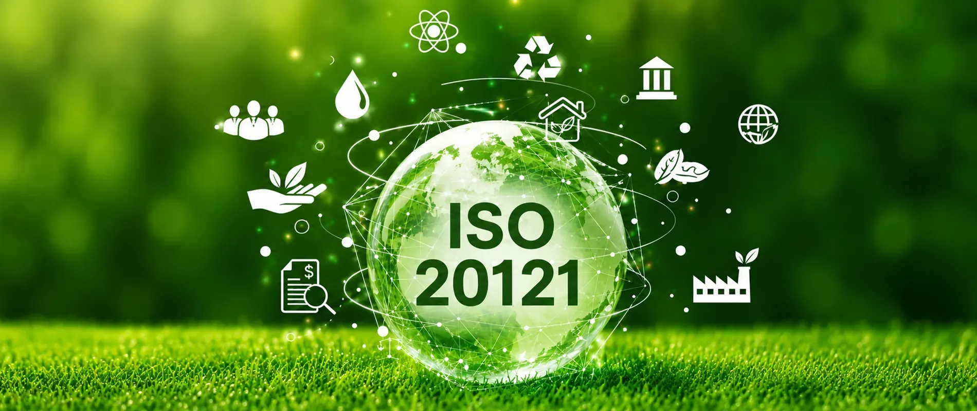 ISO 20121 sustainability management certification concept featuring a green eco-friendly globe with environmental and event management icons on a natural green background.