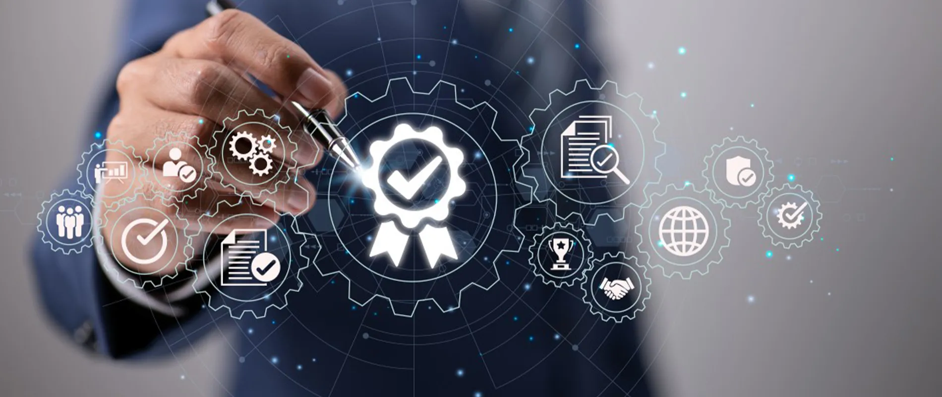Digital quality assurance and ISO certification management concept.