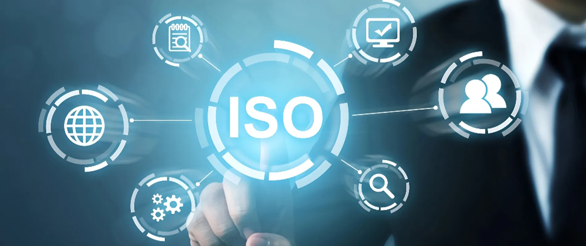 Business professional interacting with a digital ISO compliance interface, featuring quality management, certification, audit, process improvement, and standards management icons.