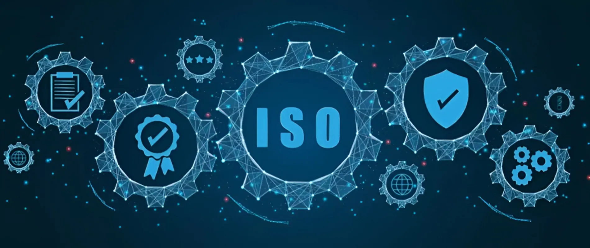 Illustration of ISO certification and compliance management featuring digital icons for quality assurance, security, documentation, and process control connected through a modern technology network.