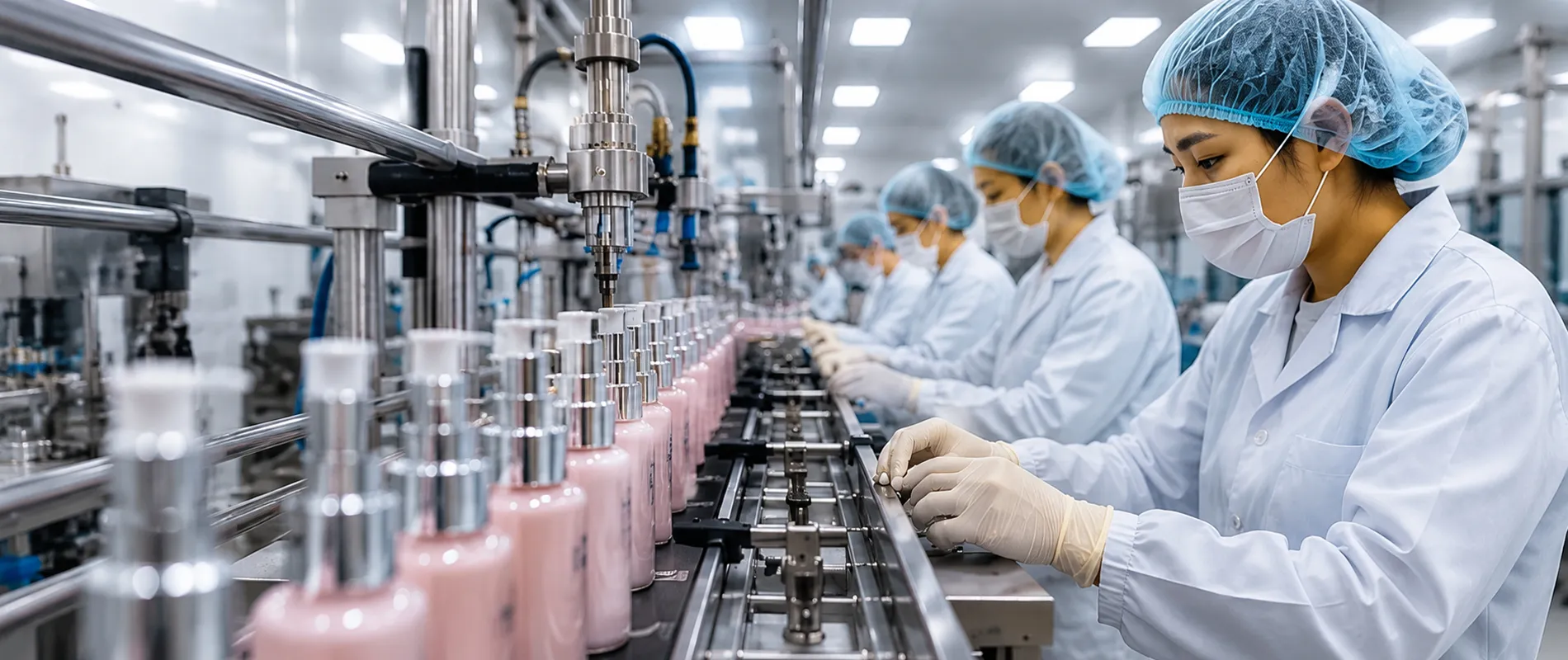 Workers in white lab coats, gloves, and hairnets inspecting cosmetic bottles on a production line in a GMP-compliant manufacturing facility