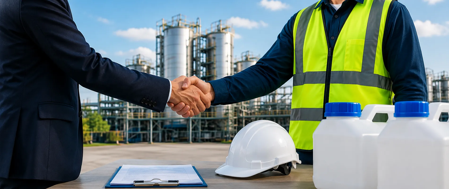 Handshake between a business executive and factory worker at an industrial facility.