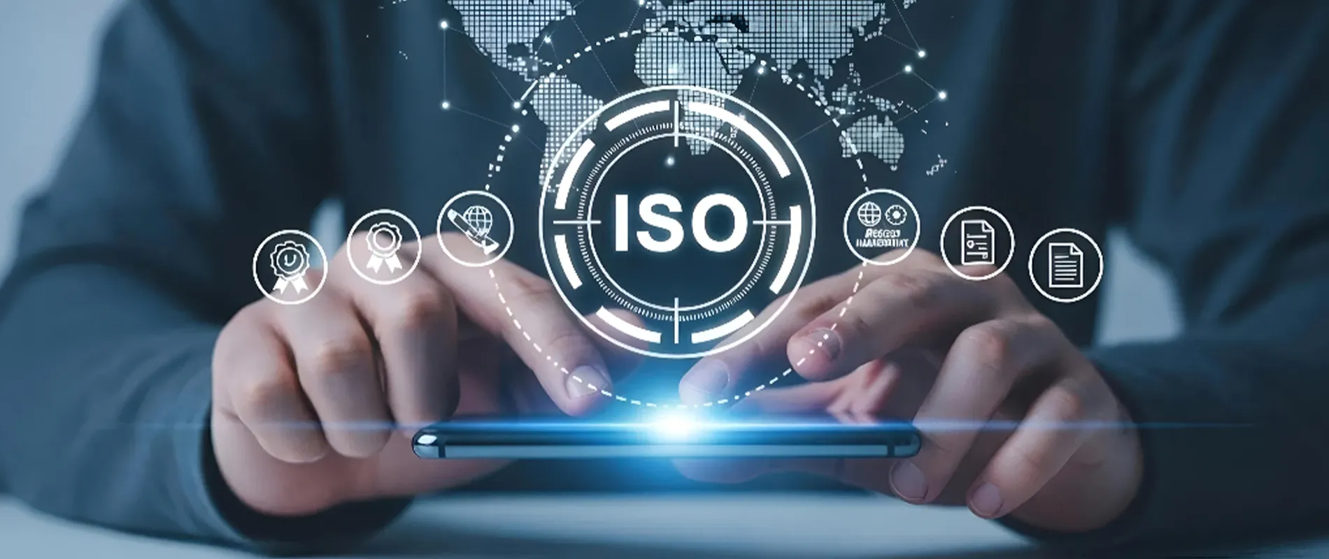 ISO certification concept showing digital quality management, compliance documentation, accreditation, and international standards verification on a mobile device.