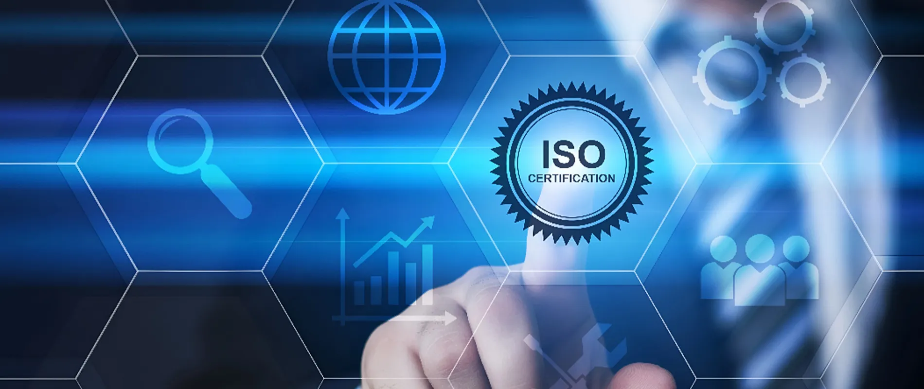 ISO certification digital compliance and quality management concept for businesses with certification badge, analytics dashboard, and technology interface.