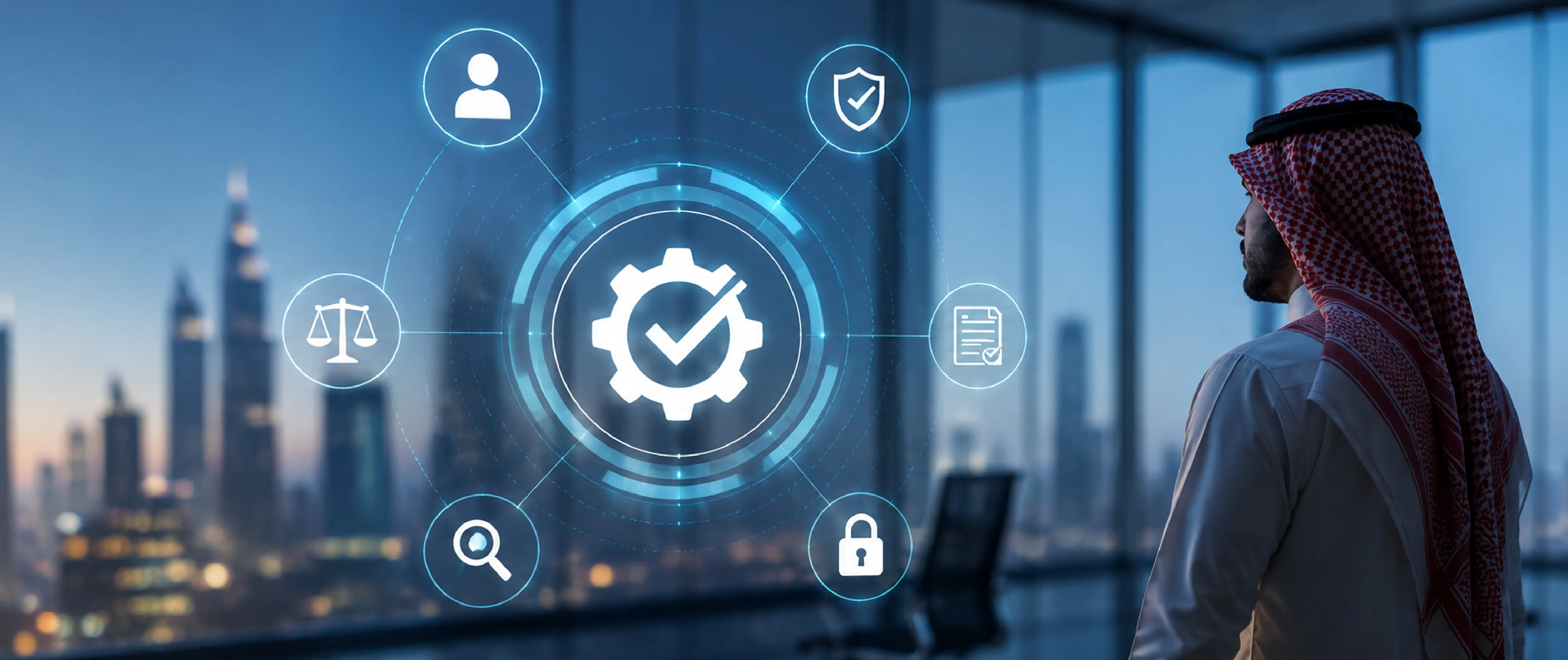 ISO 42001 AI Management System concept showing AI governance, compliance, risk management, security, and regulatory controls for businesses in Saudi Arabia.