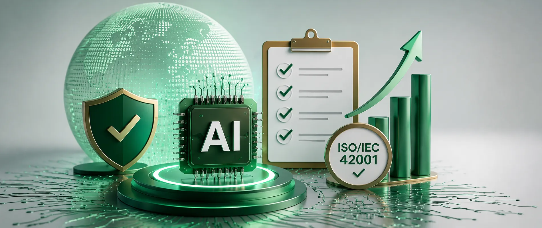 Business professionals discussing ISO/IEC 42001 certification for AI governance and compliance in Saudi Arabia