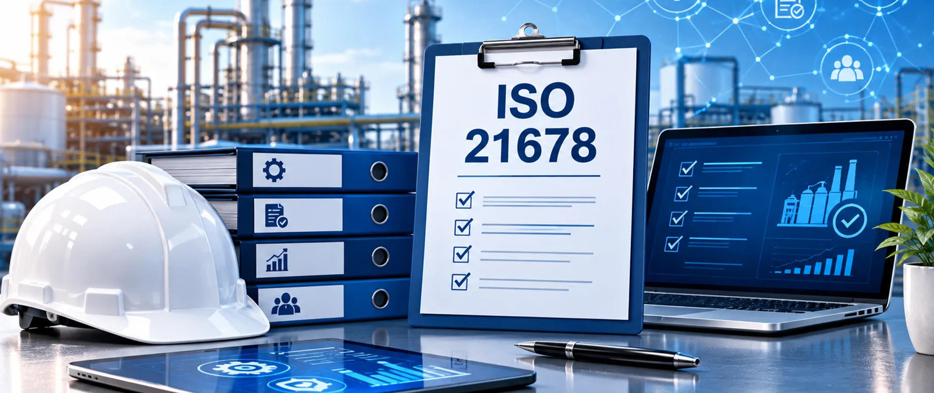 Business team reviewing ISO 21678 compliance documents after certification